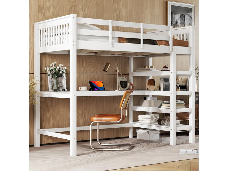  Lit mezzanine enfant 90x200 cm avec bureau et étagères blanc  - Conforama E