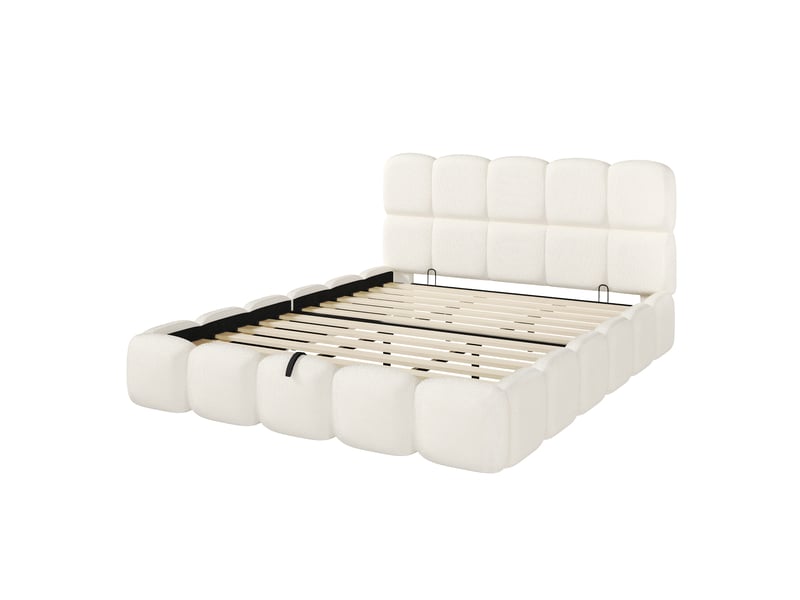  Lit coffre 180 × 200 cm en bouclé blanc avec tête de lit capitonnée Fay Lum - Conforama R