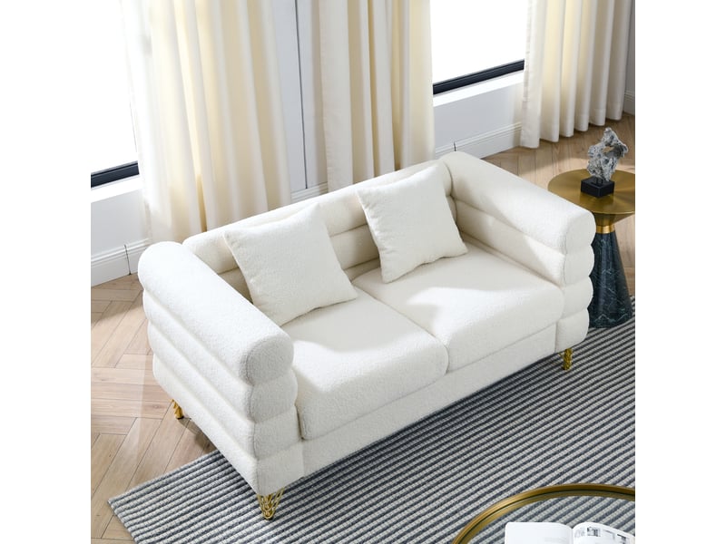 Canapé droit 2 places en tissu teddy blanc, design nuage avec dossier et accoudoirs ondulés, pieds en métal doré, assise à ressorts, coussins inclus - Conforama B