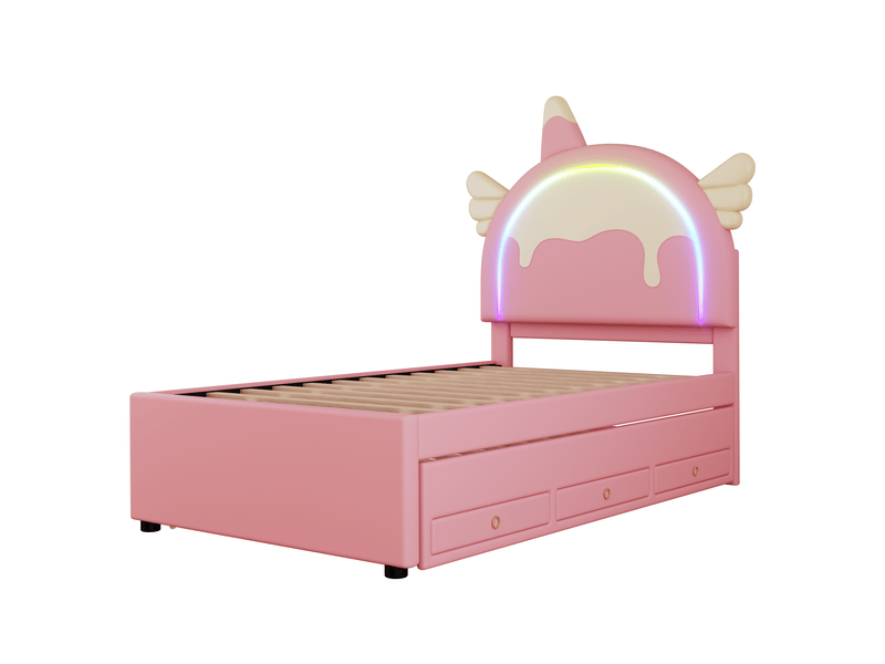 Lit enfant 90x190200cm, lit gigogne avec 3 tiroirs de rangement, tête de lit réglable et sommiers, pu rose, sans matelas  - Conforama E