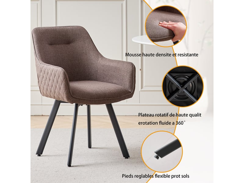 Lot de 6 chaises pivotante à 360°, chaise salle à manger moderne, chaises à haut dossier en motif en losanges, cuisine en lin, marron foncé - Conforama D