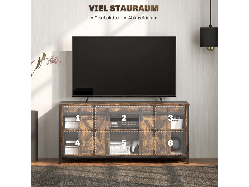  Meuble tv ulevr style industriel avec 2 portes coulissantes, 6 compartiments, pour téléviseur jusqu’à 60 pouces, 120 x 40 x 54 cm, marron  - Conforama D
