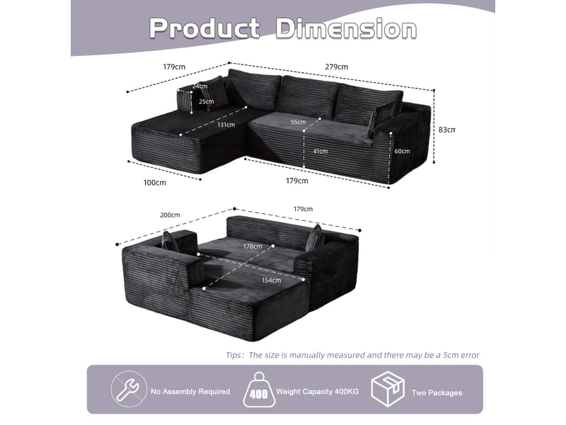  Canapé d’angle corda, noir, modulable, chaise longue, assise profonde, sans structure, velours côtelé  - Conforama C