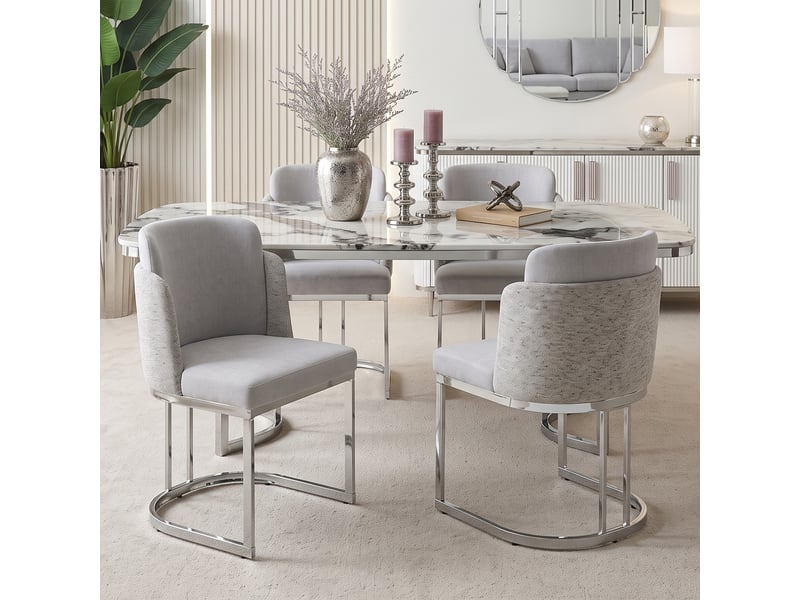  Chaises de salle à manger lot de 2 à double dossier  - pieds métal chromé chenille gris clair et argent  - Conforama B