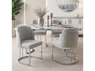Chaises de salle à manger lot de 2 à double dossier  - pieds métal chromé chenille gris clair et argent