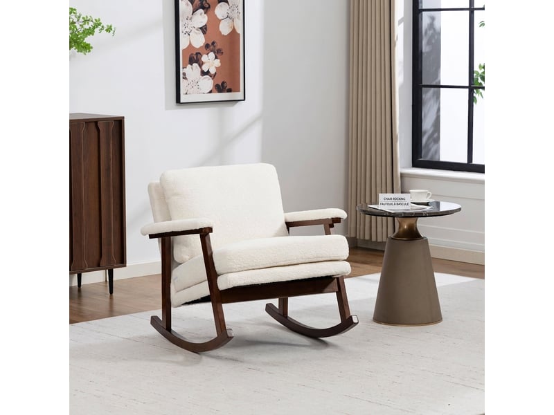  Fauteuil à bascule en velours blanc cadre en bois style mid-century fauteuil de lecture pour chambre  - Conforama B