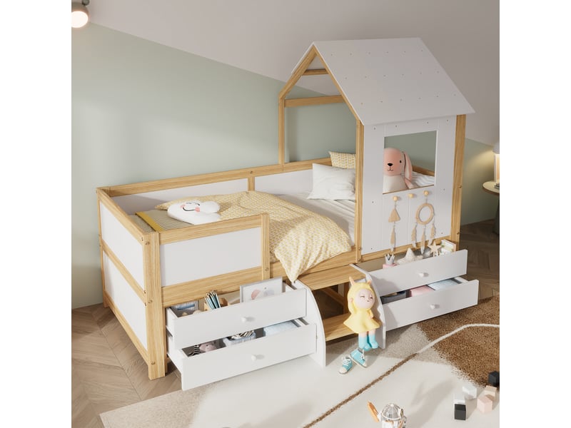  Lit cabane enfant avec coffre et garde-corps, blanc et naturel  - Conforama E