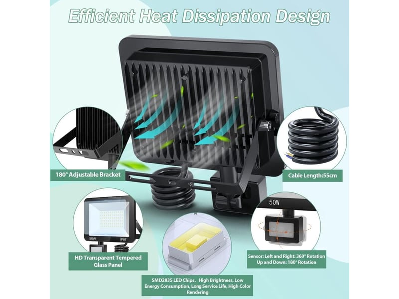 50w projecteur led extérieur détecteur mouvement ip66 5000lm 6500k pour jardin - rw  - Conforama E