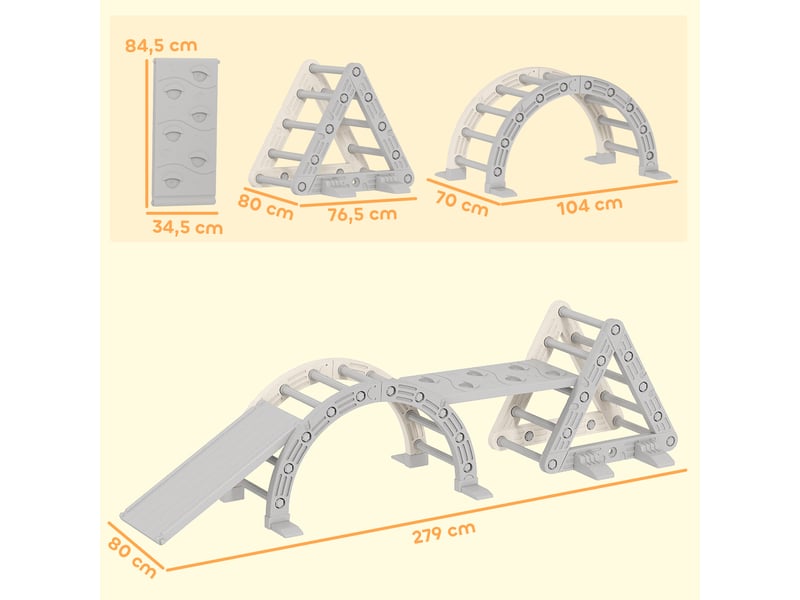 8 en 1 triangle escalade enfants, arc d'escalade, rampe double-face pour grimper &amp; glisser, 279 x 80 x 69 cm, gris  - Conforama C