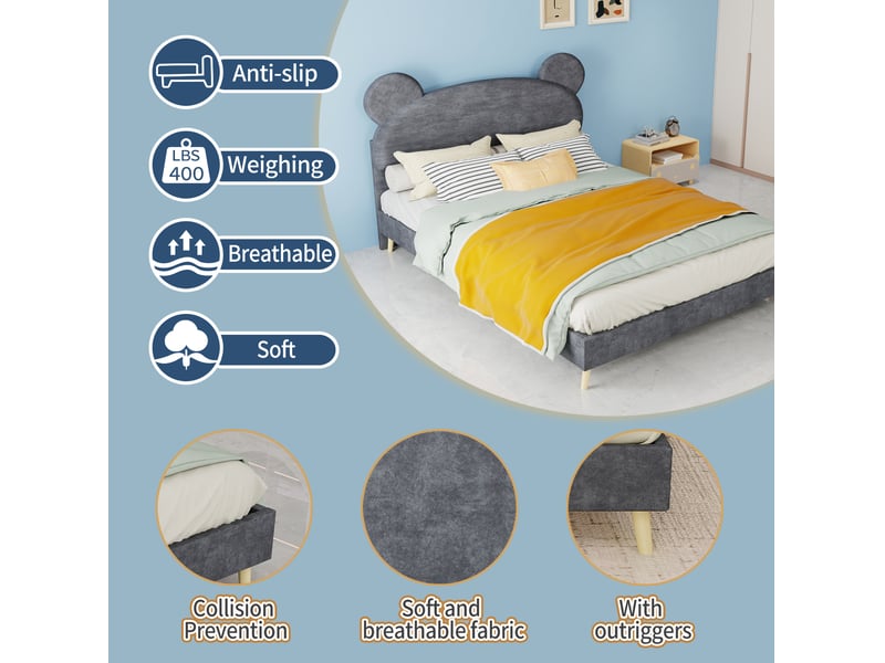  Lit pour enfant, 140x200 cm, lit 2 place avec tête cartoon ludique, matelas non inclus, tissu et métal, coloris gris  - Conforama E