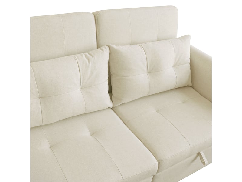 Canapé d'angle 2 places en lin beige avec dossier inclinable 3 positions, port usb et tiroir intégré - Conforama E