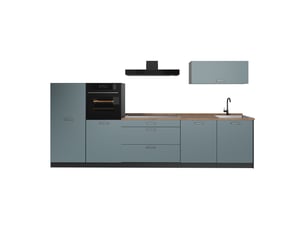 Vicco cuisine, bleu-grisanthracite, 340cm plan de travail chêne doré