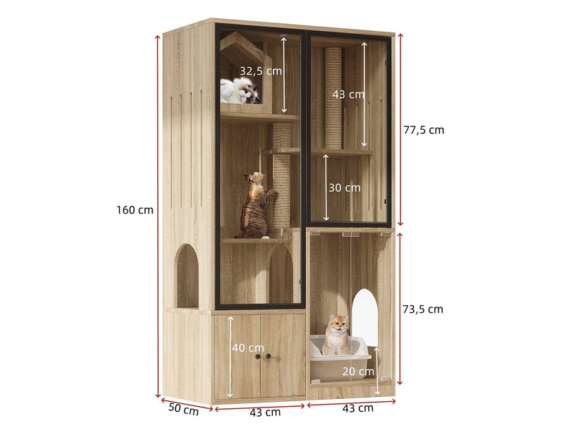  Grand meuble pour félins 90x50x160 cm – naturel – portes en verre trempé, 4 niveaux et griffoir intégré  - Conforama C