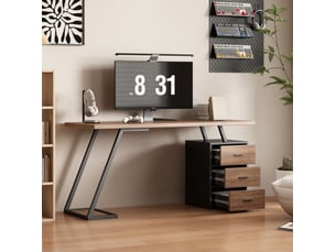 Bureau 138,5 cm, 3 tiroirs et rangement, design moderne et robuste, meuble chambre ou bureau, mdf et métal, brun foncé