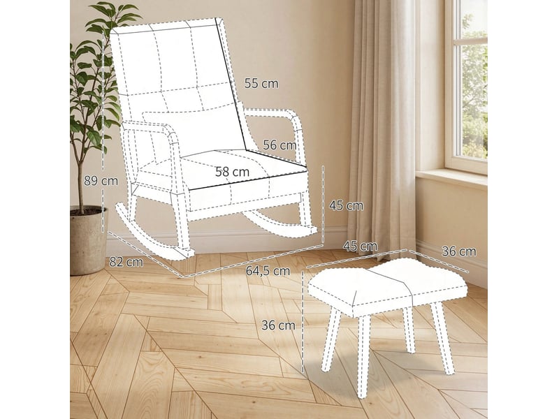  Rocking-chair avec repose-pied, coussin amovible et patins réglables, en bois et tissu bouclette blanc  - Conforama C