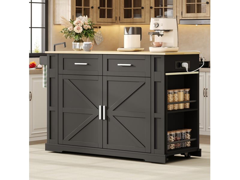  Desserte de cuisine avec plan coulissant, 2 tiroirs, armoire 2 portes et prises intégrées, noir 130 × 50 × 93 cm  - Conforama D