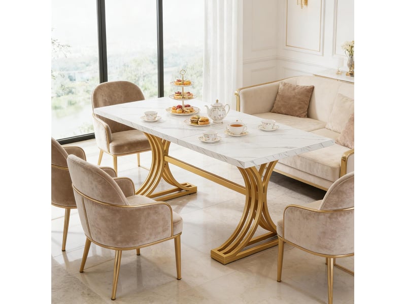  Table de salle à manger pour 4 à 6 personnes avec plateau effet marbre et pieds métalliques, 160 × 80 cm  - Conforama B