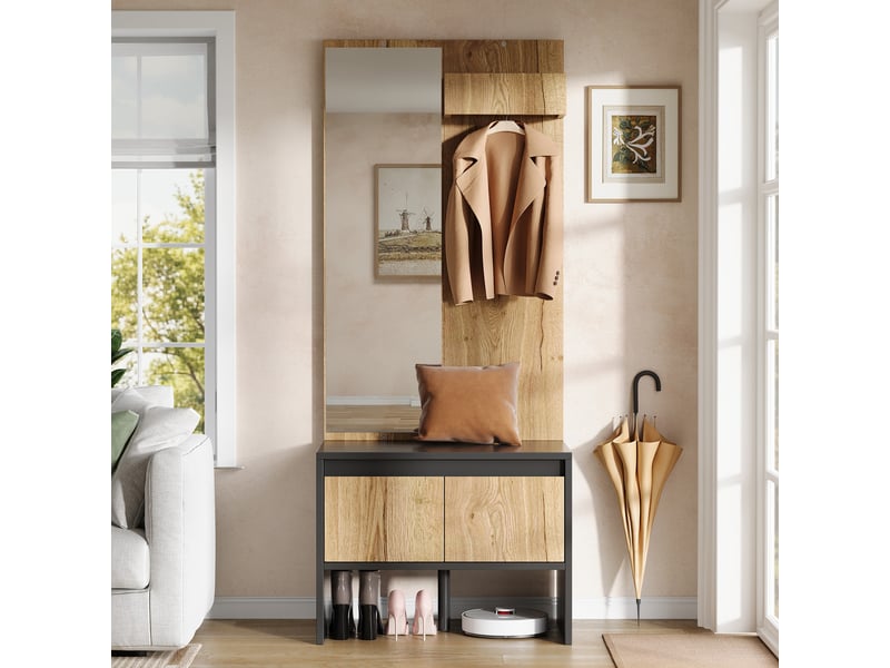  Ensemble meuble d'entrée 60x38x145cm noir et naturel - vestiaire de couloir 3-en-1 avec patères, miroir, banc et 2 tiroirs  - Conforama B