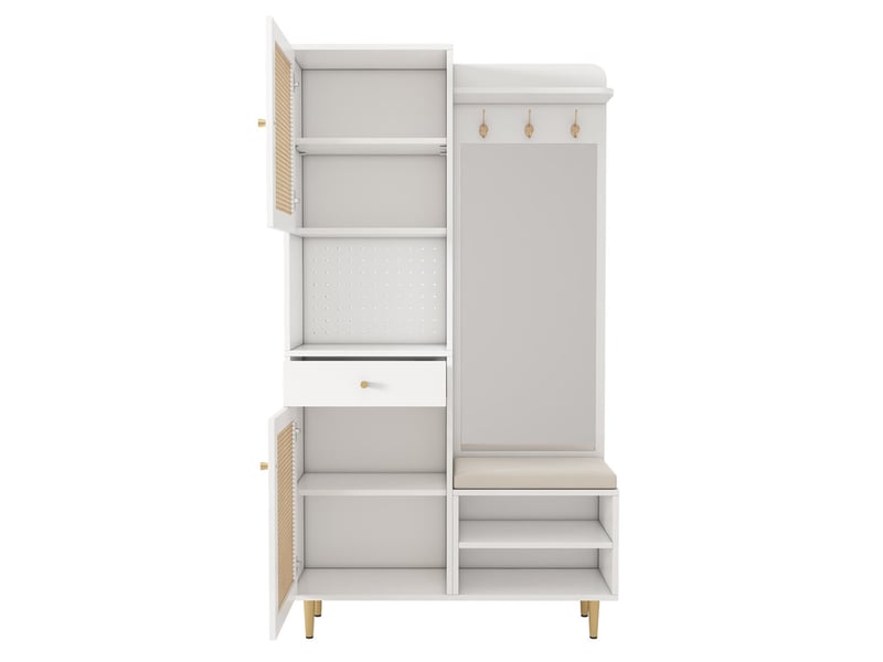  Meuble à chaussures, commode à 2 portes en rotin, 1 tiroir, rack ouvert et panneau perforé, pieds en fer, pour entrée et couloir, 99 x 35 x 180 cm  - Conforama E