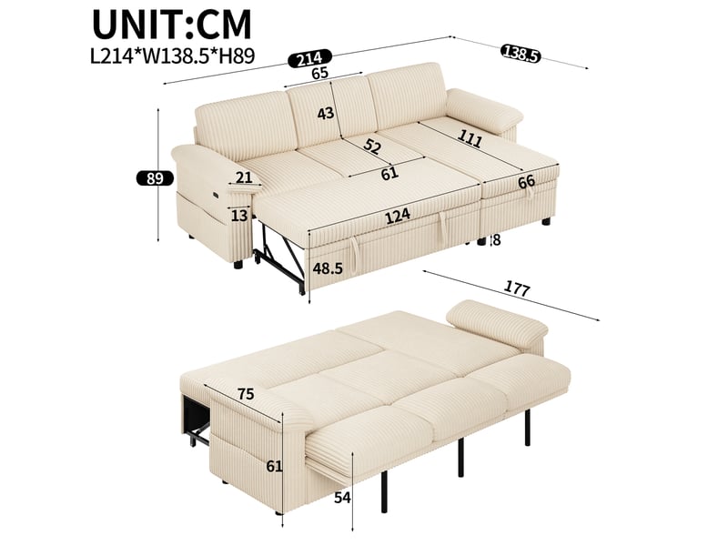  Canapé d’angle convertible 214x138,5x89 cm modulable bois et métal beige  - Conforama E
