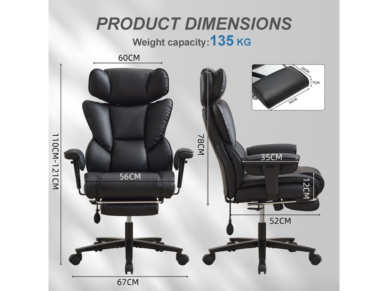  Chaise de bureau inclinable 90 à 130° avec soutien lombaire réglable - lpospi - dossier haut en cuir synthétique noir  - Conforama D