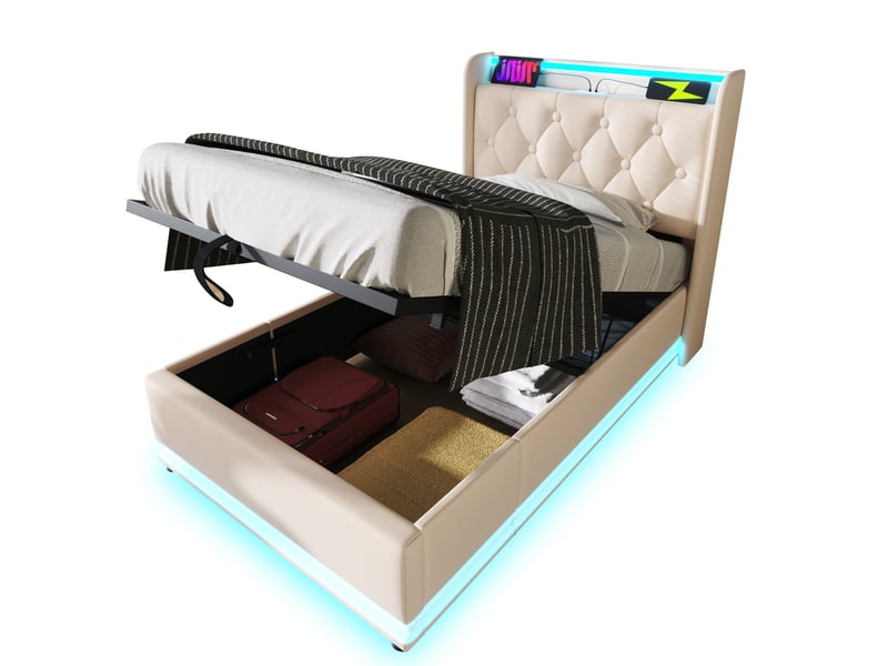 Lit enfant 90x200 cm – blanc – coffre hydraulique, led 360°, usb et type-c, avec matelas h3 à ressorts - Conforama A