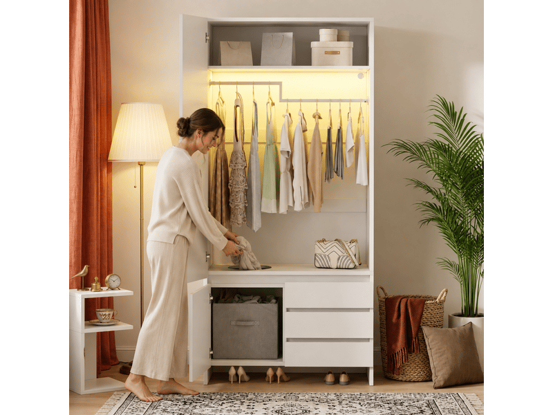  Armoire penderie 90x50x200 cm - 3 tiroirs - panier à linge intégré - led - mdf et panneaux - blanc CozyNest - Conforama E
