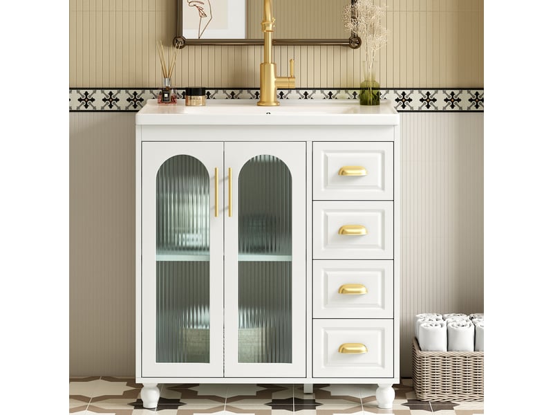 Meuble sous vasque avec 3 portes, 3 tiroirs et vasque en céramique, blanc, pour salle de bain, longueur 80 cm - Conforama B