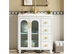Meuble sous vasque avec 3 portes, 3 tiroirs et vasque en céramique, blanc, pour salle de bain, longueur 80 cm