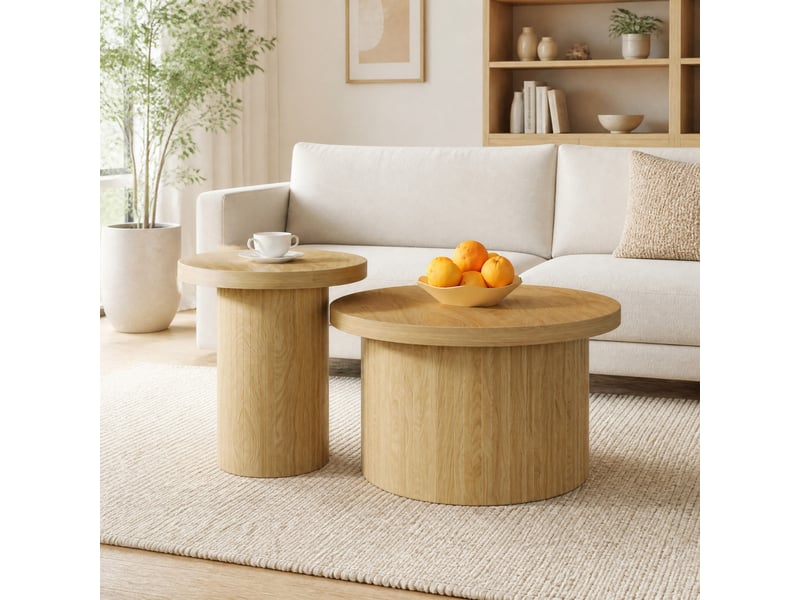  Ensemble de 2 tables basses rondes de tailles différentes, en mdf couleur bois naturel, avec pieds en lattes de bois  - Conforama B