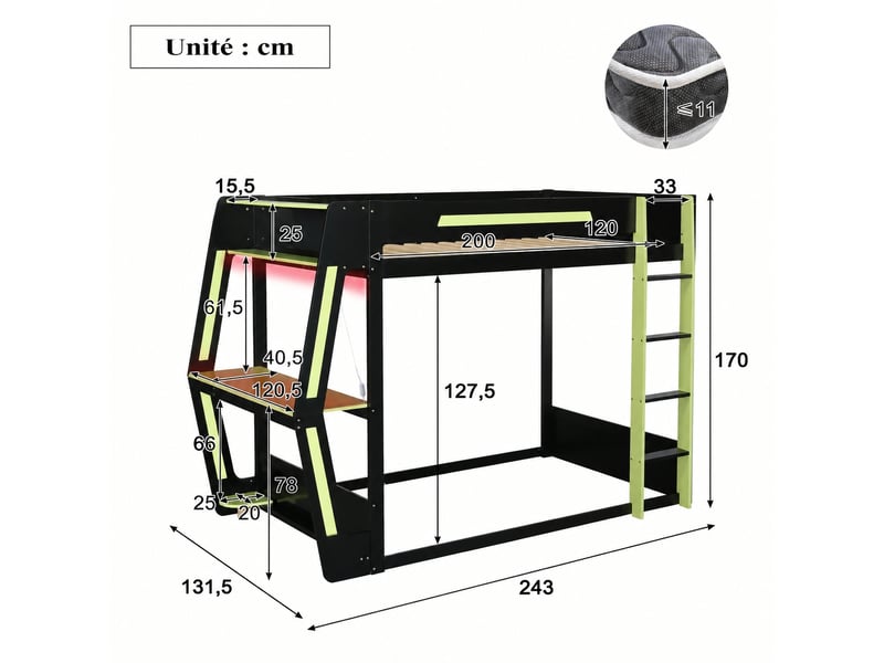  Lit mezzanine gaming 120 x 200 cm avec bureau intégré, espace inférieur modulable et éclairage led, noir et vert  - Conforama C