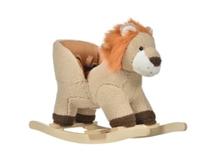 Cheval à bascule modèle lion fonction musicale selle grand confort peluche courte douce pour enfants 18-36 mois bois peuplier marron dim. 68l x 35l x 50h cm