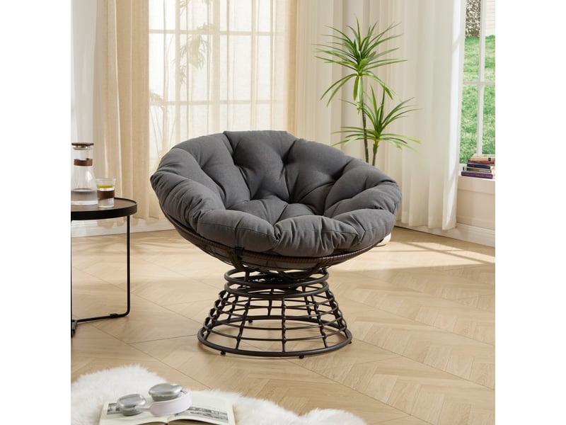  Fauteuil papasan pivotant à 360° en résine tressée - diamètre 92cm - chaise ergonomique avec coussin épais - marron et gris  - Conforama D