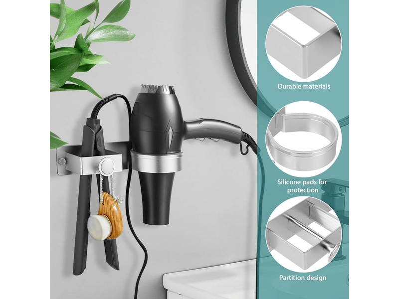  Support de sèche-cheveux, sans perçage, adapté à la salle de bain, à la chambre, à l'hôtel, argenté  - Conforama C