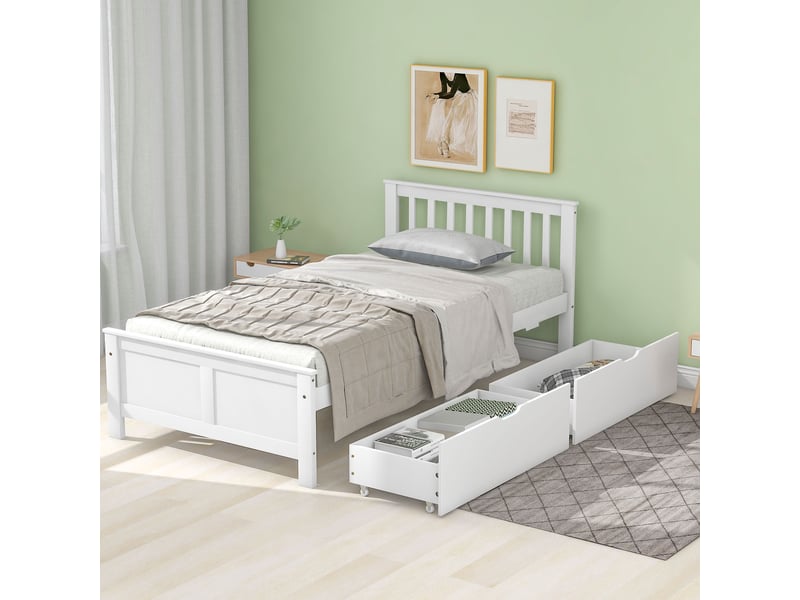  Lit simple 90x200cm avec tiroirs de rangement, lit en bois pour adolescents et adultes avec tiroirs de rangement, cadre en pin blanc  - Conforama A