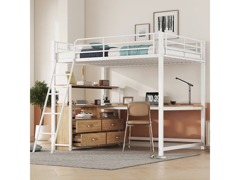  Lit mezzanine 140x200 cm - lit junior avec 2 tiroirs et bureau en l, lit combiné en métal, sans matelas - blanc  - Conforama D