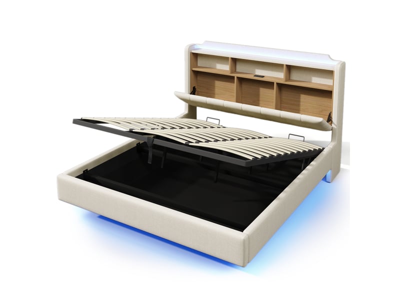  Lit capitonné, 180 × 200 cm, avec bande lumineuse led, rangement hydraulique, compartiments de rangement, design suspendu, matelas non inclus, ports usb et type-c, revêtement en lin, beige  - Conforama E