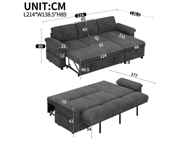  Canapé d'angle convertible 214x138,5x89 cm réversible gris  - Conforama E