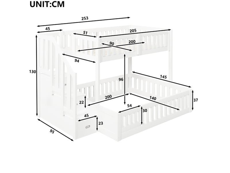  Lit superposé 90 × 200 et 140 × 200 cm avec escalier à rangements, barrières de protection et portillon, blanc  - Conforama C