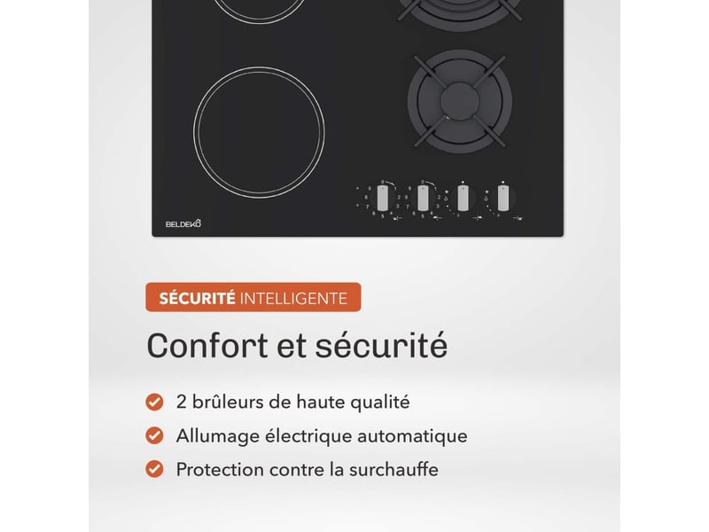Plaque de cuisson mixte gaz et vitrocéramique 4 foyers - double couronne - 8200 w - manettes - Conforama E