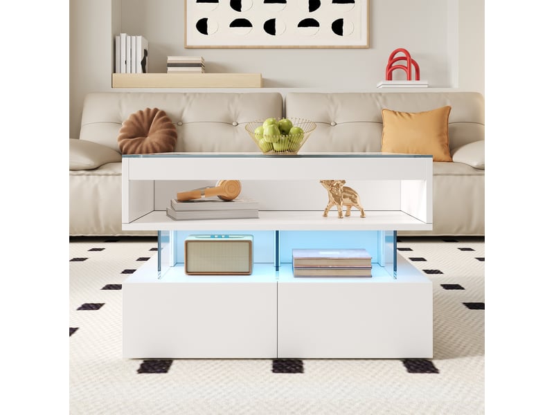  Table basse relevable avec led 16 couleurs, tiroirs et niches, plateau en verre pour salon, 70×67×57 cm, blanche  - Conforama E
