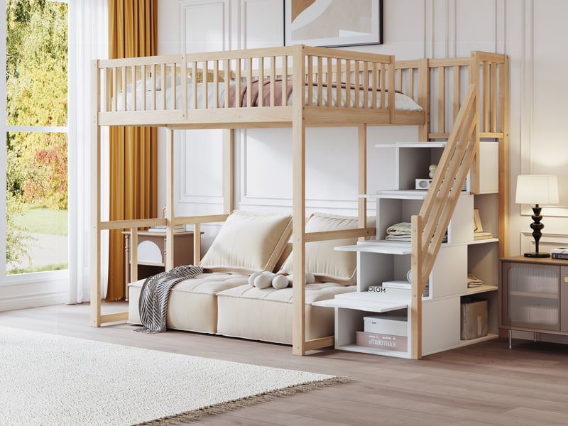  Lit mezzanine 140x200 cm avec échelle de rangement, cadre de lit adulte en pin avec sommier à lattes, lit double, bois naturel  - Conforama E