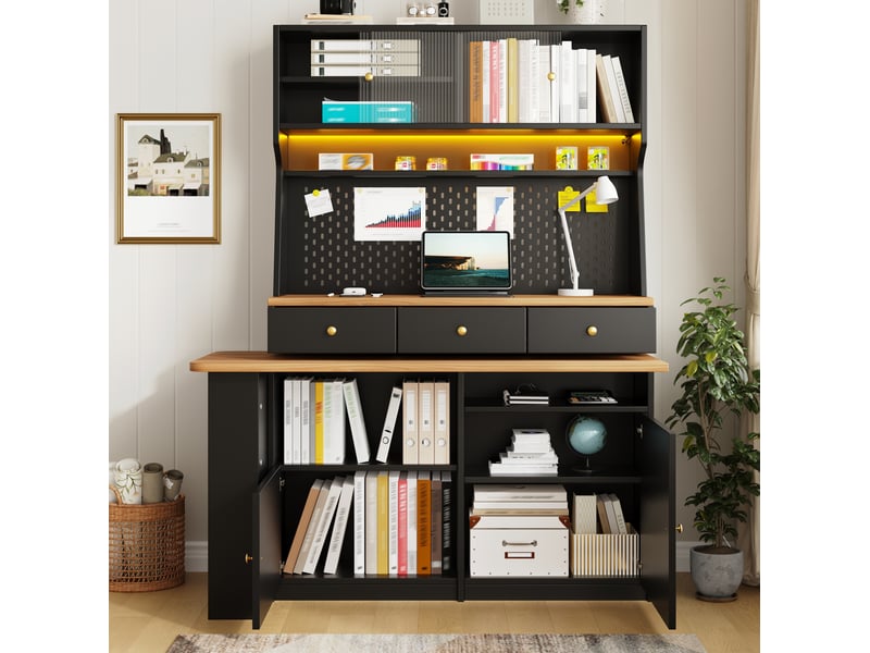  Armoire avec bureau, portes vitrées coulissantes, étagères réglables et led, pour bureau, noir, 137 × 74 × 177,7 cm  - Conforama C