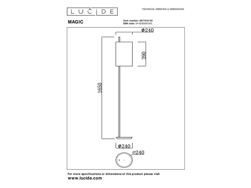 Lampadaire métal noir abat-jour lin - e27 - lucide - magic  - Conforama C