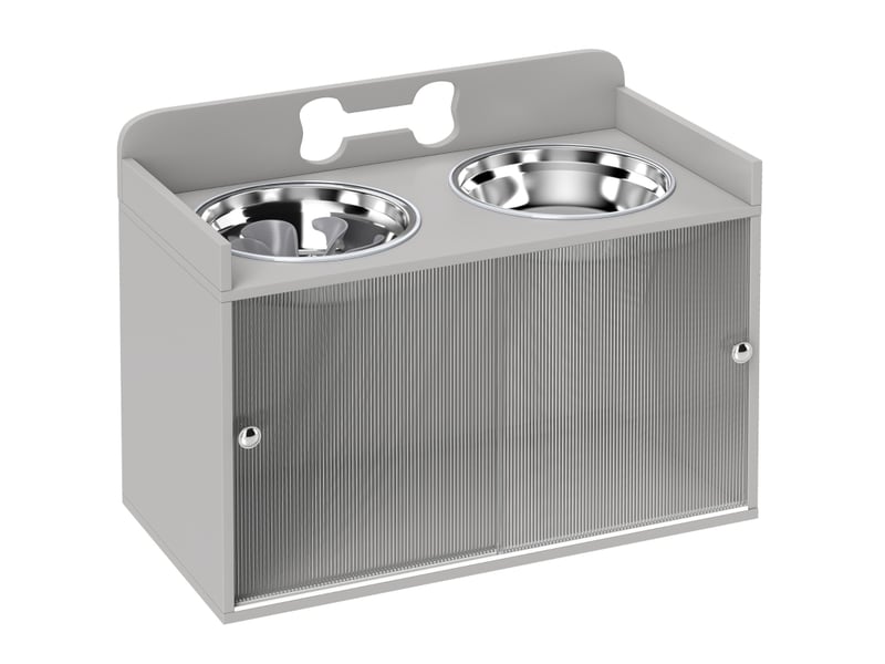Station de repas surélevée 60x30x46 cm – gris – double bol inox avec rangement 50 l et portes acryliques - Conforama A