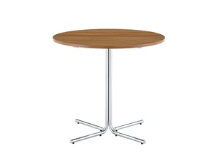 Table à manger ronde 85 cm en mdf noyer, piètement métal chromé argenté