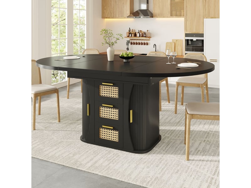 Table extensible 158 cm rangement intégré table repas tiroirs en rotin structure en mdf aspect bois finition noir naturel et marron format extensible - Conforama B