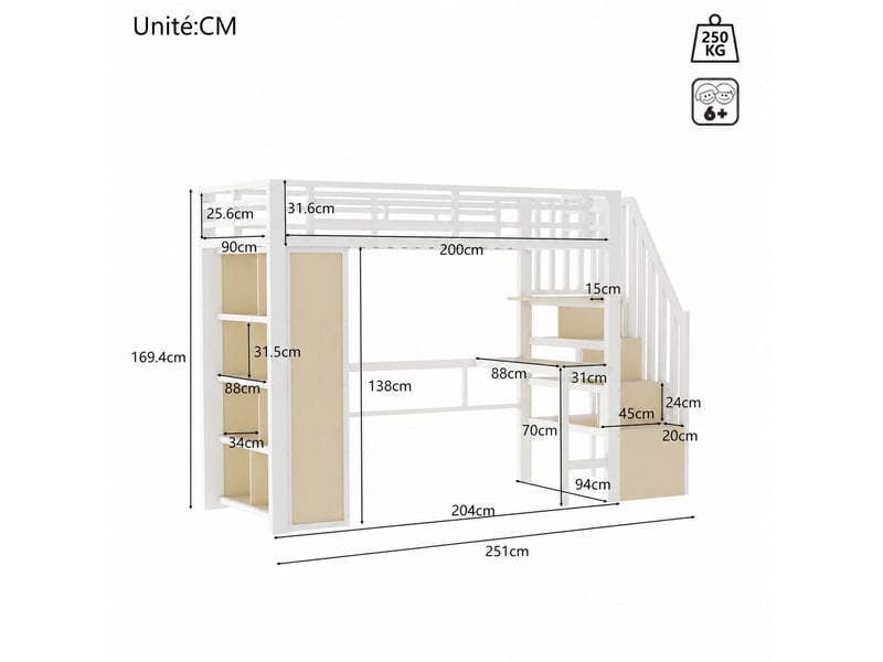  Lit mezzanine 1 place avec bureau, marches de rangement, étagères et led, 90x200 cm, sans matelas, blanc  - Conforama D
