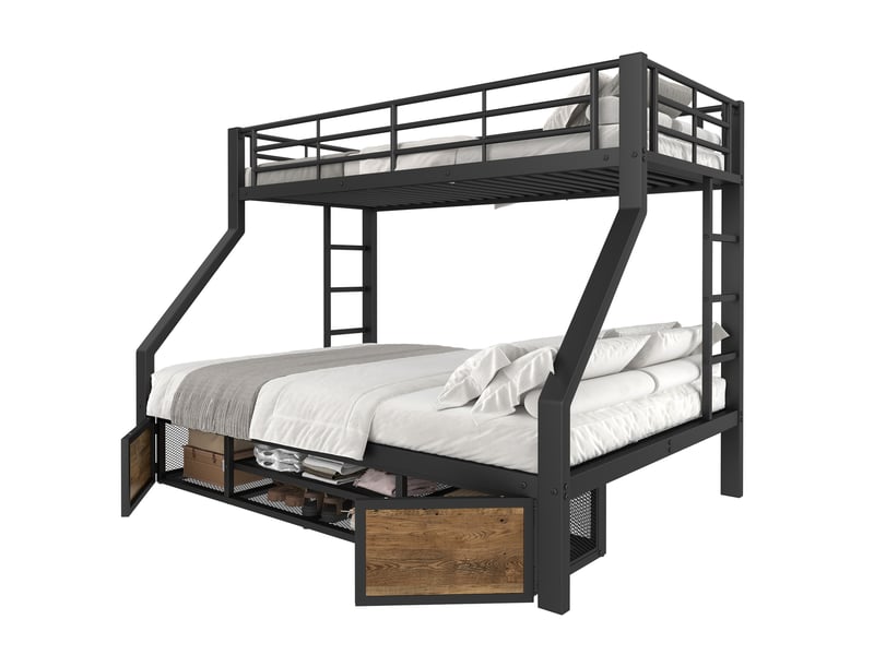  Lit superposé enfant noir 90 x 200 cm et 140 x 200 cm avec rangement  - Conforama A