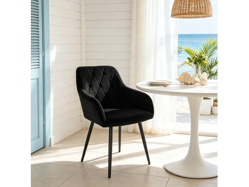 Chaise de salle à manger avec accoudoirs, assise en velours noir et pieds en métal - Conforama D